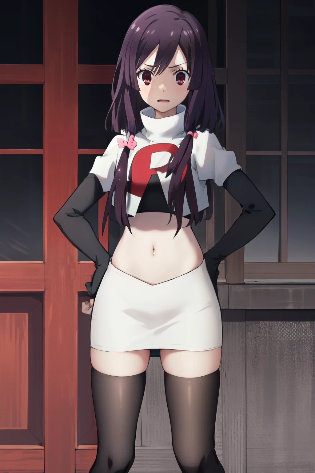 natsume, 1girl, crossdress-hairstyle, magic, highres, absurdres,team rocket,team rocket uniform,white skirt,red letter R,crop top,black thigh-highs,black elbow gloves