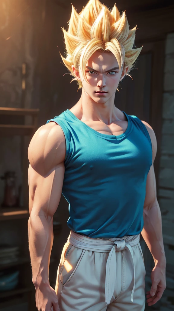 Masterpiece, Ultra realistic, 16k, high quality, incredibly detailed, dream aesthetic, dream atmosphere, pretty man. Tall. Son Goku (super saiyan 1) from Dragon Ball Z (Majin buu saga), realistic pale-golden hair, messy spiky hair. Turquoise bright eyes, intense eyes look, shiny blue eyes. pale-blond hair fluttering. blushing cheeks. tanned skin illuminated, realistic perfect shading, absurdres, realistic textures, pretty man, looking at viewer, standing. Tall. (realistic texture) orange (sleeveless) goku shirt. dark blue shirt (under), details (detailed textures). quarry (background unfocused), masterpiece, best quality, Photorealistic.