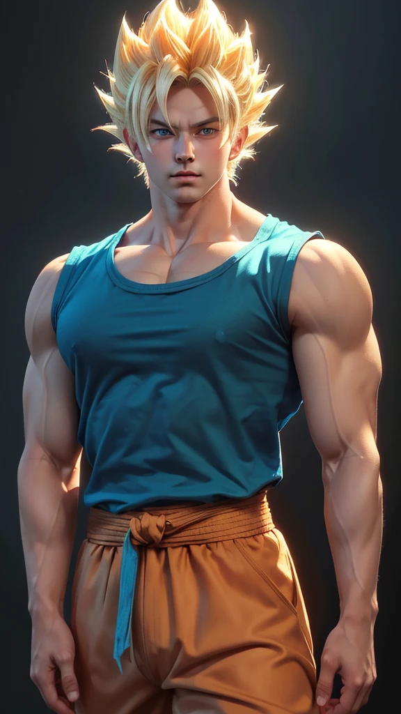 Masterpiece, Ultra realistic, 16k, high quality, incredibly detailed, dream aesthetic, dream atmosphere, pretty man. Tall. Son Goku (super saiyan 1) from Dragon Ball Z (Majin buu saga), realistic pale-golden hair, messy spiky hair. Turquoise bright eyes, intense eyes look, shiny blue eyes. pale-blond hair fluttering. blushing cheeks. tanned skin illuminated, realistic perfect shading, absurdres, realistic textures, pretty man, looking at viewer, standing. Tall. (realistic texture) orange (sleeveless) goku shirt. dark blue shirt (under), details (detailed textures). quarry (background unfocused), masterpiece, best quality, Photorealistic.
