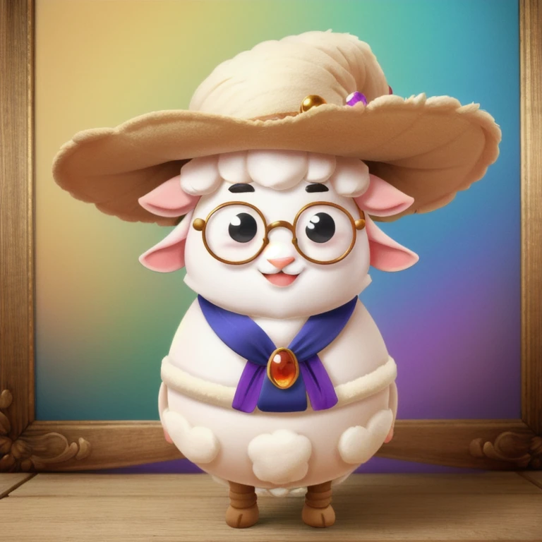 1sheep,((RAW photo)),solo,full body,((best quality)),shadows and highlights,jewelry,gems,furry,frame glasses,(photo-realistic:1.3),(masterpiece),hat,cartoon,4k,a lot of details,smile,gradient color background,, chibi,