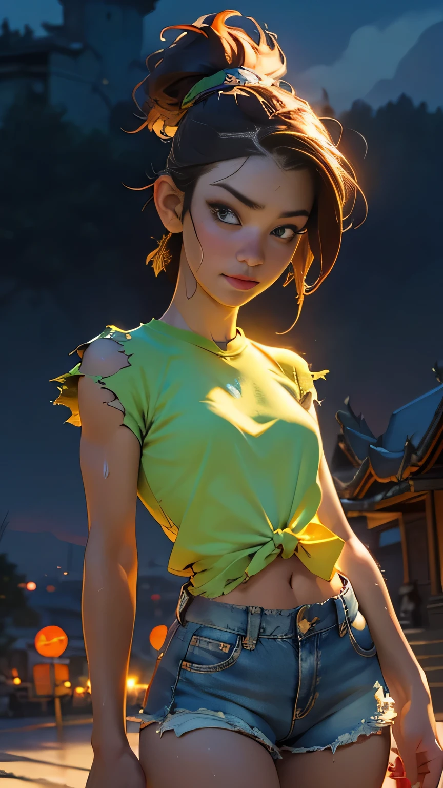 Thailand、The background is a statue of Nirvana、Female Hunter, Beautiful Face, Torn shirt and denim shorts , Long legs, Sweat it out, sunrise, んice warm colors, masterpiece, 最high quality, high quality, High resolution, (Upper body portrait)、