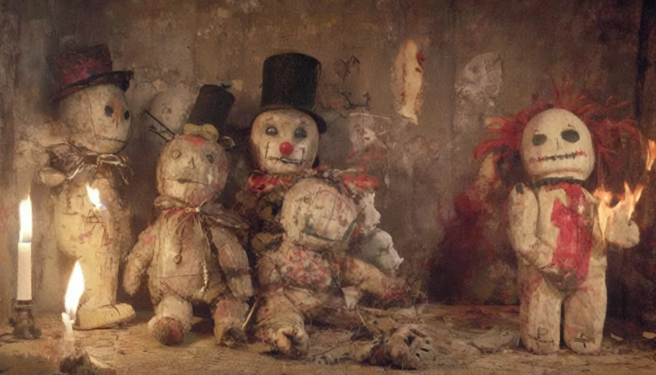 voodstyle, many voodoo dolls burning on fire, deep shadows, perfect composition, they represent clowns and circus freaks
