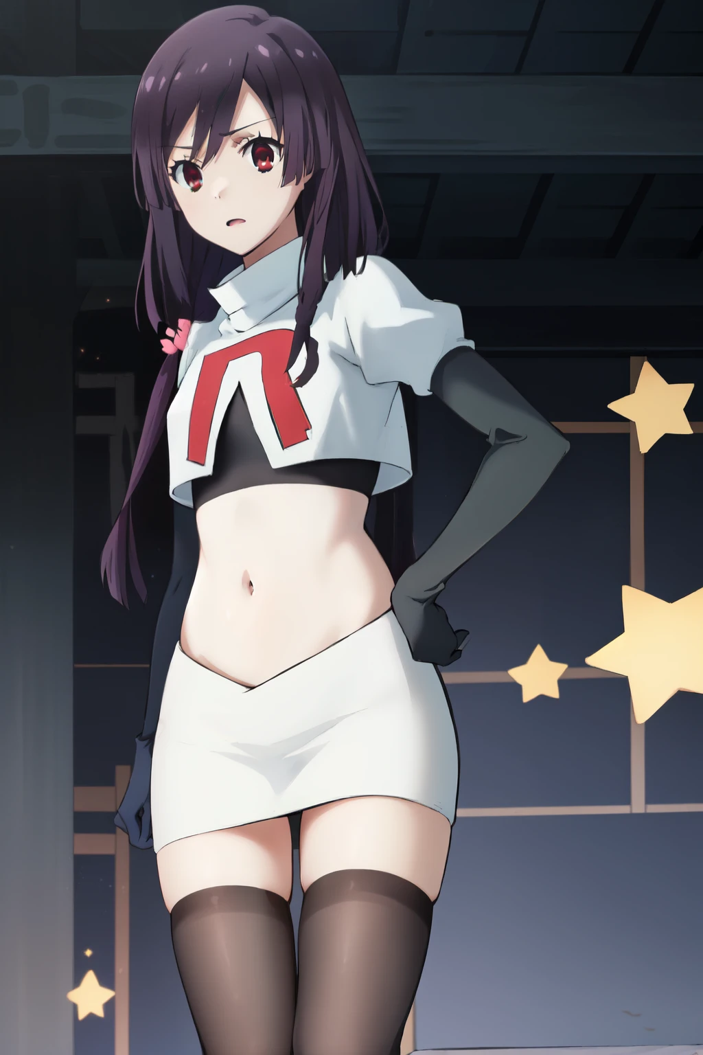 natsume, 1girl, crossdress-hairstyle, magic,    highres, absurdres,team rocket,team rocket uniform,white skirt,red letter R,crop top,black thigh-highs,black elbow gloves