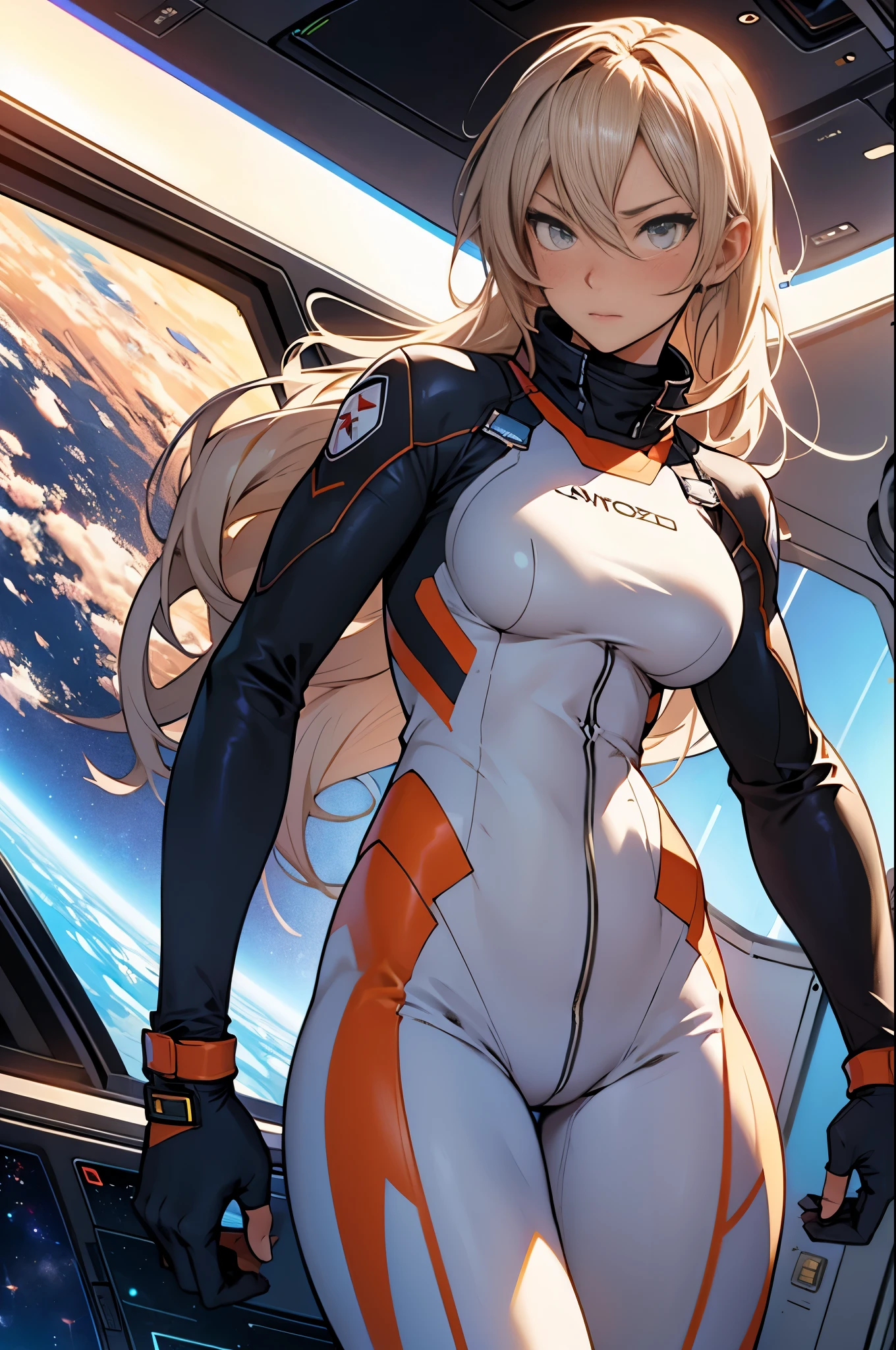sandy hair fit body large breasts slender thighs slender waist pilot suit solo looking at viewer in space long hair blushing determination