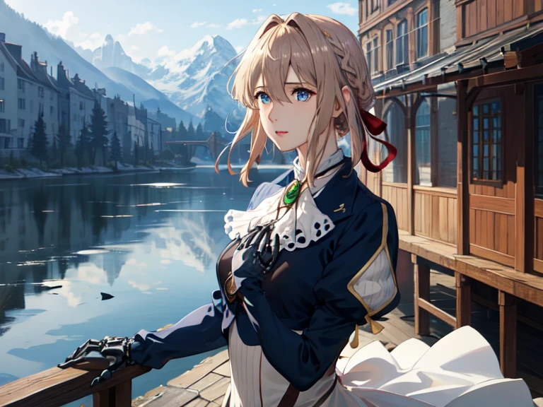 (masterpiece:1.2) , (best quality:1.2) , (ultra-detailed:1.2) ,photorealistic,super realistic 8K,shiny skin, detailed skin, detailed face, detailed eyes, detailed cloth texture,professional lighting,the most beautiful face,violet evergarden, Braid, hair ribbon, red ribbon, jewelry, white ascot, brooch, blue jacket:1.0, long sleeve, mechanical prosthetic hands,white dress, long dress,mechanival prosthetic hand:1.2,very elaborate prosthetic hands,cotrapposto,outside,river,mountain,background of glasslands,flowers,soft shadow,a scene like an artistic painting,angle from avobe:1.5
