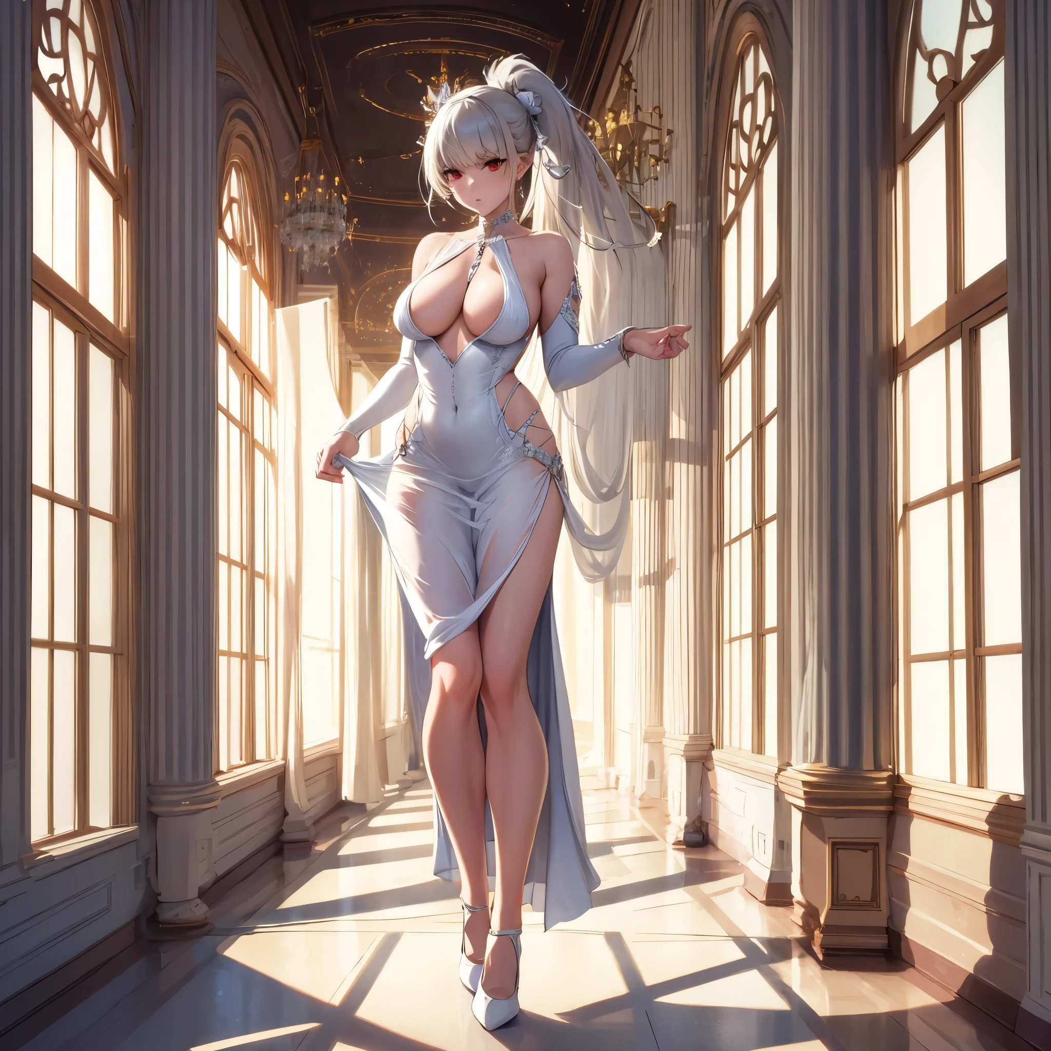 A woman wearing a sophisticated white dress, silver details on the dress, big breasts, exposed chest, white heels, long silver hair, ponytail hair, red eyes, kawaii face, walking in a luxurious room, maroom floor, white pillars, ceiling painted white, glass windows,full body, surrealism, projected shadow, anaglyph, stereogram, tachi -e, pov, atmospheric perspective, surrealism, flower, 8k, super detail, accurate, best quality, UHD, anatomically correct, textured skin, high quality, high resolution, best quality
