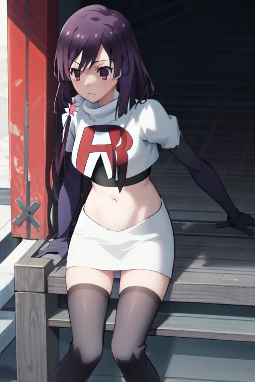 natsume, 1girl, crossdress-hairstyle, magic,    highres, absurdres,team rocket,team rocket uniform,white skirt,red letter R,crop top,black thigh-highs,black elbow gloves