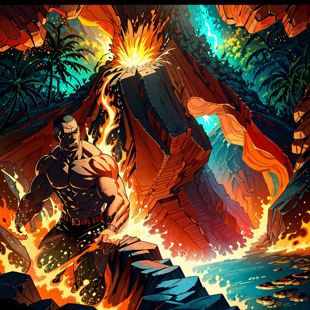 WWE superstar, The Rock, portraying a Lava Demon, emerges from a fiery pool of molten lava in the lush tropics of Hawaii. With an intense gaze and a powerful presence, he strides across the scorched earth, leaving a trail of smoldering footprints in his wake. The vibrant green foliage surrounding him contrasts with the fiery red and orange hues of the lava, creating a stunning visual contrast. As he approaches the edge of the beach, the waves crash against the shore, steam rising from the impact. The Rock's muscular physique is enhanced by the dramatic lighting, showcasing every sinew and muscle definition. The atmosphere is filled with a sense of anticipation and awe as onlookers witness the mighty Lava Demon's unstoppable journey towards the sea. The scene is rendered in ultra-realistic detail, capturing the intricate textures of the lava, the foliage, and The Rock's fiery transformation. The overall color palette is rich and vibrant, with deep reds, oranges, and greens, accentuated by the warm glow of the sunlight peeking through the dense canopy of trees. The lighting creates dynamic shadows and highlights, adding depth and dimension to the composition. The prompt highlights The Rock's portrayal as a Lava Demon, the tropical setting, the lava, the scorched earth, the lush foliage, and the sea. It emphasizes the highest quality, ultra-detailed, and photorealistic aspects of the image, ensuring a masterpiece of a visual depiction.