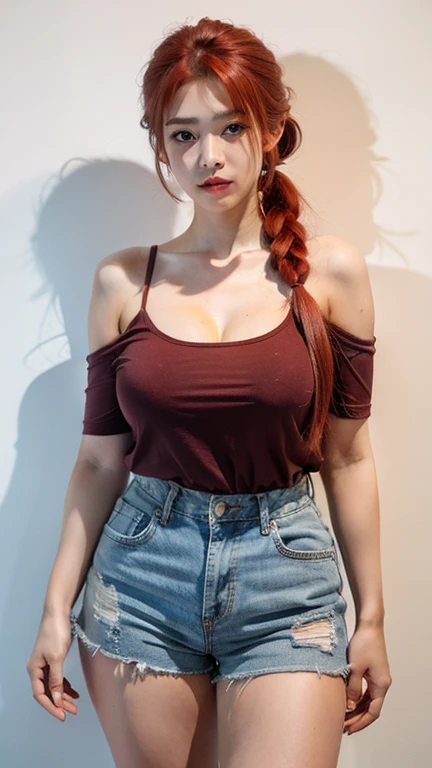 21yo girl, red hair, (twintail Hair). Bitting her lower lip while closing her eye,Wearing yellow oversize t-shirt,, show shoulders, cleavage, show big thigh, natural big brseast,hands holding breasts,plumpy body, standing