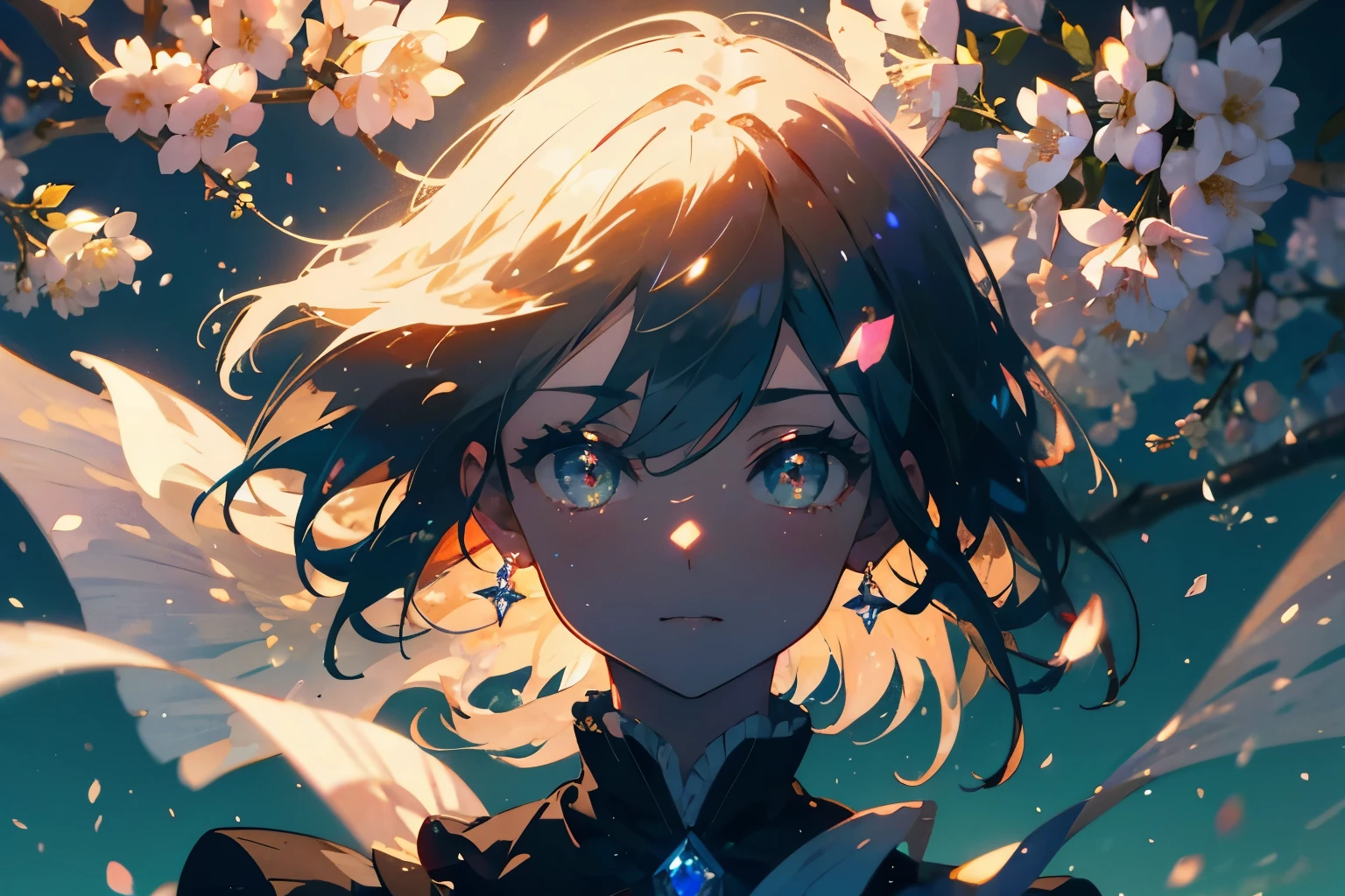 Create a high-quality illustration of a fantastical scene with cherry blossoms fluttering in the air, featuring a beautiful boy. The illustration should evoke a sense of nostalgia and enchantment, with intricate details and a dreamy atmosphere. From the delicate petals drifting through the air to the serene expression on the boy's face, every element should be meticulously crafted to immerse the viewer in a nostalgic and magical moment. best quality, masterpiece, expressive eyes, gorgeous, vivid, perfect face, smile, happyness, 2eyes, emotion, detailed pupils, vivid pupils,stunning, life, relfection, peace, warm, compsition, artistic, 4k, wallpaper, bonnet, wind, glowing eyes