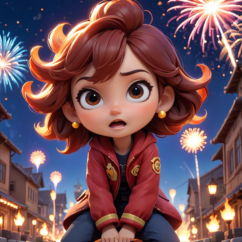 (Pixar style:1.5), (Pixar Characters:1.5), (Chibi expression:1.5), (Chibi characters:1.5), (fantasy:1.5), (魔法world:1.5), (world:1.5), (Basic Features:1.5), (Element Town:1.5), (Elements Future City:1.5), (night:1.5), (Under the fireworks:1.5), (Fire and Sun elements:1.5), (Open your arms:1.3), (jump:1.3),