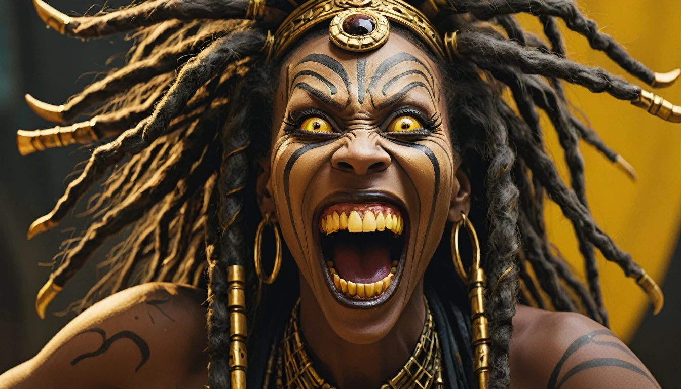 Female Legba, maniacal laughter, yellow eyes wide open crazed look