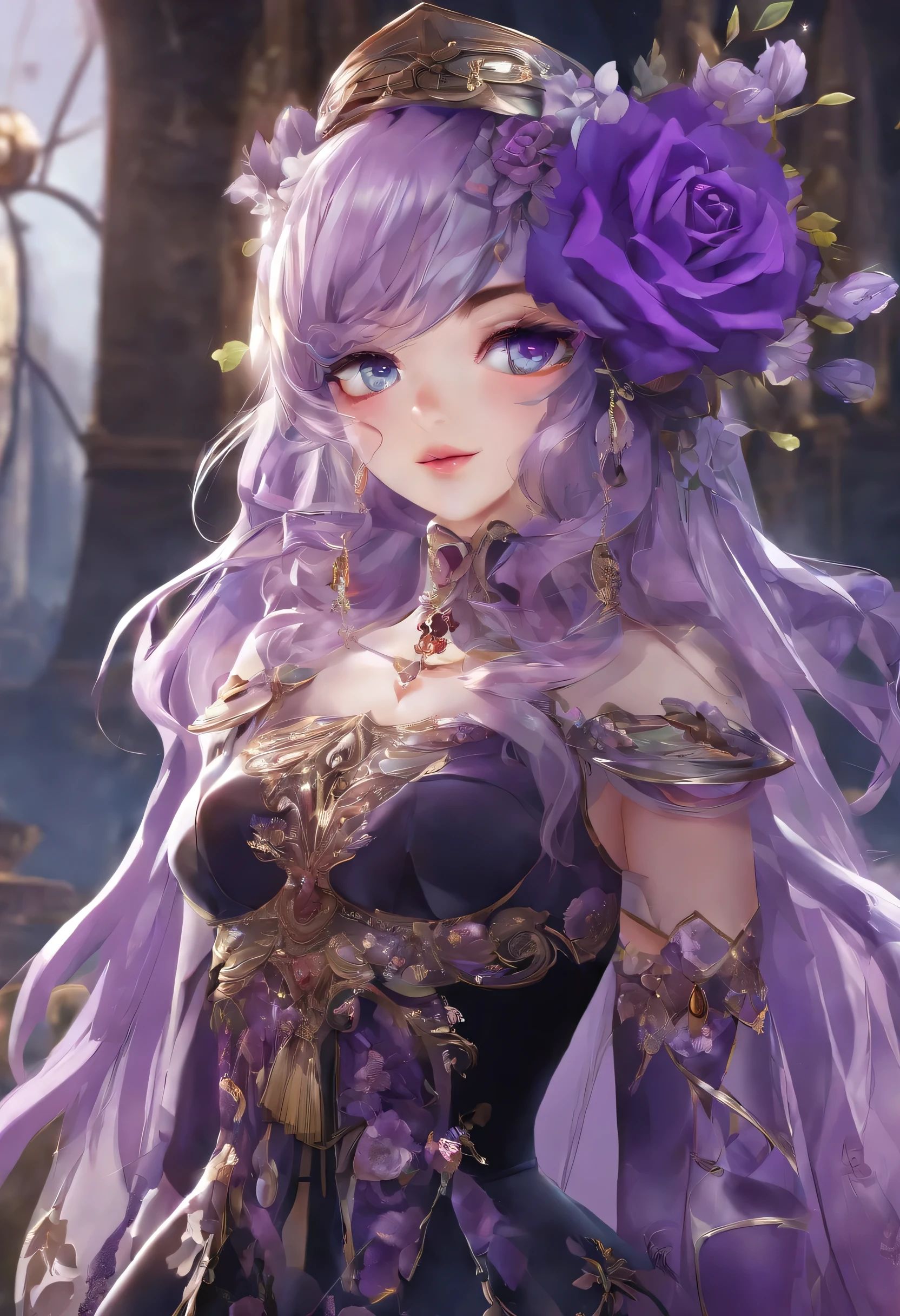 a beautiful girl, perfect face, arms at sides, masterpiece, ultra high res, high quality, 4k, upper body:1.5, lisa (genshin impact), urple witch hat, green eyes, brown hair, (PureErosFace_V1:0.008), (european:1.6), bangs, dress, rose, jewelry, witch, capelet, purple headwear, black gloves, purple flower, hair between eyes, purple rose, parted lips, purple capelet, hat flower, multicolored dress, hair ornament, windmill, from side,