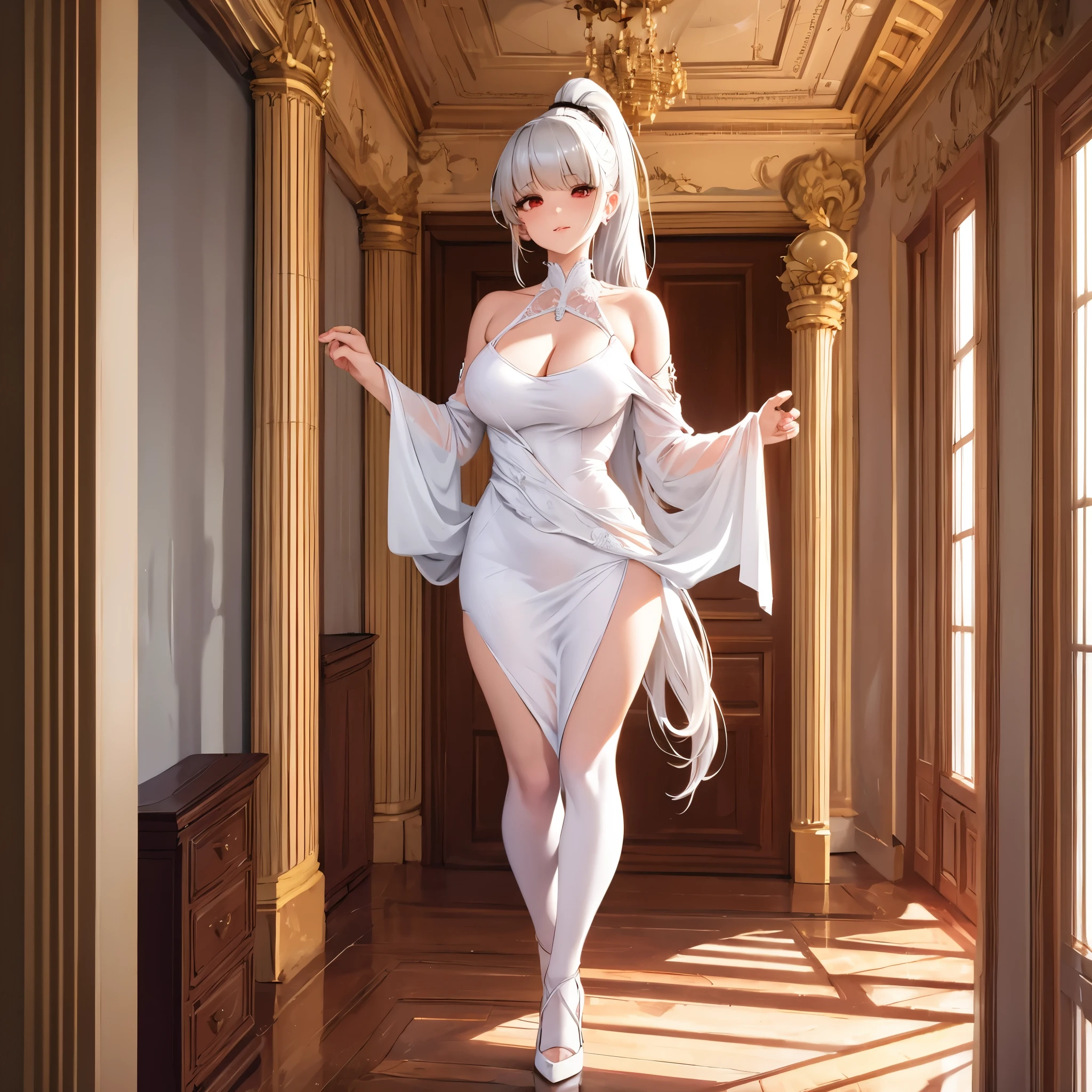 A woman wearing a sophisticated white dress, silver details on the dress, big breasts, exposed chest, white heels, long silver hair, ponytail hair, red eyes, kawaii face, walking in a luxurious room, maroom floor, white pillars, ceiling painted white, glass windows,full body, surrealism, projected shadow, anaglyph, stereogram, tachi -e, pov, atmospheric perspective, surrealism, flower, 8k, super detail, accurate, best quality, UHD, anatomically correct, textured skin, high quality, high resolution, best quality
