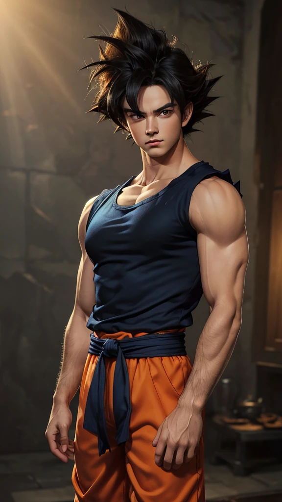 Masterpiece, Ultra realistic, 16k, high quality, incredibly detailed, dream aesthetic, dream atmosphere, pretty man. Tall. Son Goku (base form) from Dragon Ball Z (Majin buu saga), realistic black hair, messy spiky hair. Black bright eyes, intense eyes look, shiny serious eyes. hair fluttering. blushing cheeks. tanned skin illuminated, realistic perfect shading, absurdres, realistic textures, pretty man, looking at viewer, standing. Tall. (realistic texture) orange (sleeveless) goku shirt. dark blue shirt (under), details (detailed textures). quarry (background unfocused), masterpiece, best quality, Photorealistic.