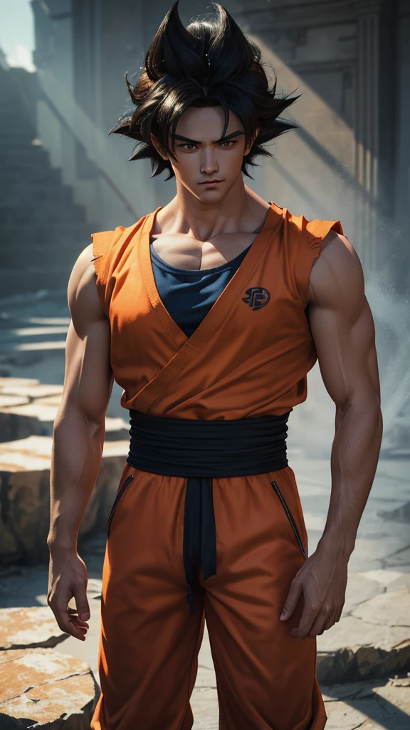 Masterpiece, Ultra realistic, 16k, high quality, incredibly detailed, dream aesthetic, dream atmosphere, pretty man. Tall. Son Goku (base form) from Dragon Ball Z (Majin buu saga), realistic black hair, messy spiky hair. Black bright eyes, intense eyes look, shiny serious eyes. hair fluttering. blushing cheeks. tanned skin illuminated, realistic perfect shading, absurdres, realistic textures, pretty man, looking at viewer, standing. Tall. (realistic texture) orange (sleeveless) goku shirt. dark blue shirt (under), details (detailed textures). quarry (background unfocused), masterpiece, best quality, Photorealistic.