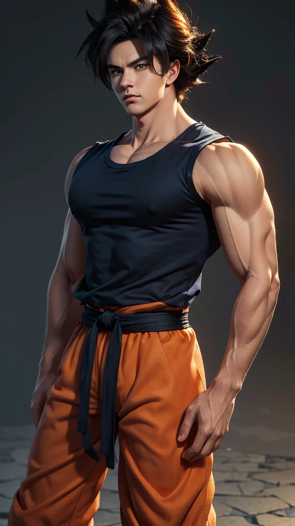 Masterpiece, Ultra realistic, 16k, high quality, incredibly detailed, dream aesthetic, dream atmosphere, pretty man. Tall. Son Goku (base form) from Dragon Ball Z (Majin buu saga), realistic black hair, messy spiky hair. Black bright eyes, intense eyes look, shiny serious eyes. hair fluttering. blushing cheeks. tanned skin illuminated, realistic perfect shading, absurdres, realistic textures, pretty man, looking at viewer, standing. Tall. (realistic texture) orange (sleeveless) goku shirt. dark blue shirt (under), details (detailed textures). quarry (background unfocused), masterpiece, best quality, Photorealistic.