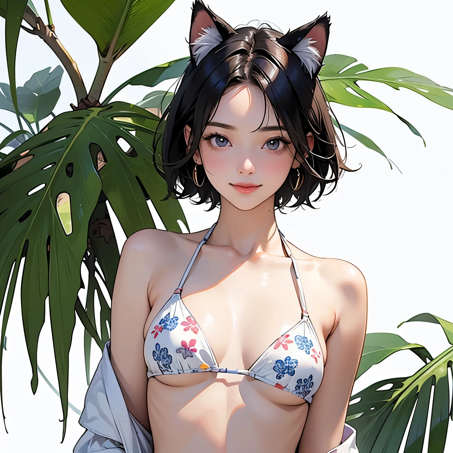 (highest quality、masterpiece、High resolution)、4K Anime Art、(Beautiful woman、18-year-old)、((2 people))、((whole body))、(natural standing posture)、 (Detailed depiction of a beautiful face)、Smiling Kindly、Small breasts、(Cat ear)、Medium Short Hair、Bobcut、(bikini、Ethnic pattern and primary color swimsuit)、Palm tree、Blur the background、(Blank Background)、((White Background))、