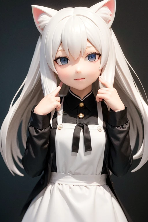Cat ear doll, Long Hair, 2 heads, Anime girl with white hair and blue eyes, White cat lady, eyes in the style of Nendoroid, Nendoroid eyes, style as Nendoroid, water color Nendoroid, Nendoroid, Nendoroid 3 d, Nendoroid, Maid outfit, She has a pretty, expressive face, an anime Nendoroid of karl marx