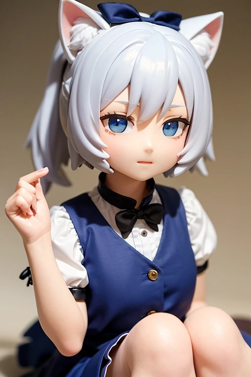 Cat ear doll, Long Hair, 2 heads, Anime girl with white hair and blue eyes, White cat lady, eyes in the style of Nendoroid, Nendoroid eyes, style as Nendoroid, water color Nendoroid, Nendoroid, Nendoroid 3 d, Nendoroid, Maid outfit, She has a pretty, expressive face, an anime Nendoroid of karl marx