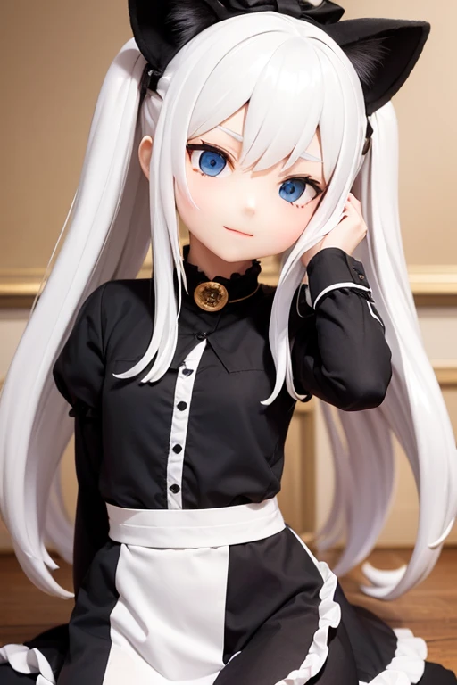 Cat ear doll, Long Hair, 2 heads, Anime girl with white hair and blue eyes, White cat lady, eyes in the style of Nendoroid, Nendoroid eyes, style as Nendoroid, water color Nendoroid, Nendoroid, Nendoroid 3 d, Nendoroid, Maid outfit, She has a pretty, expressive face, an anime Nendoroid of karl marx