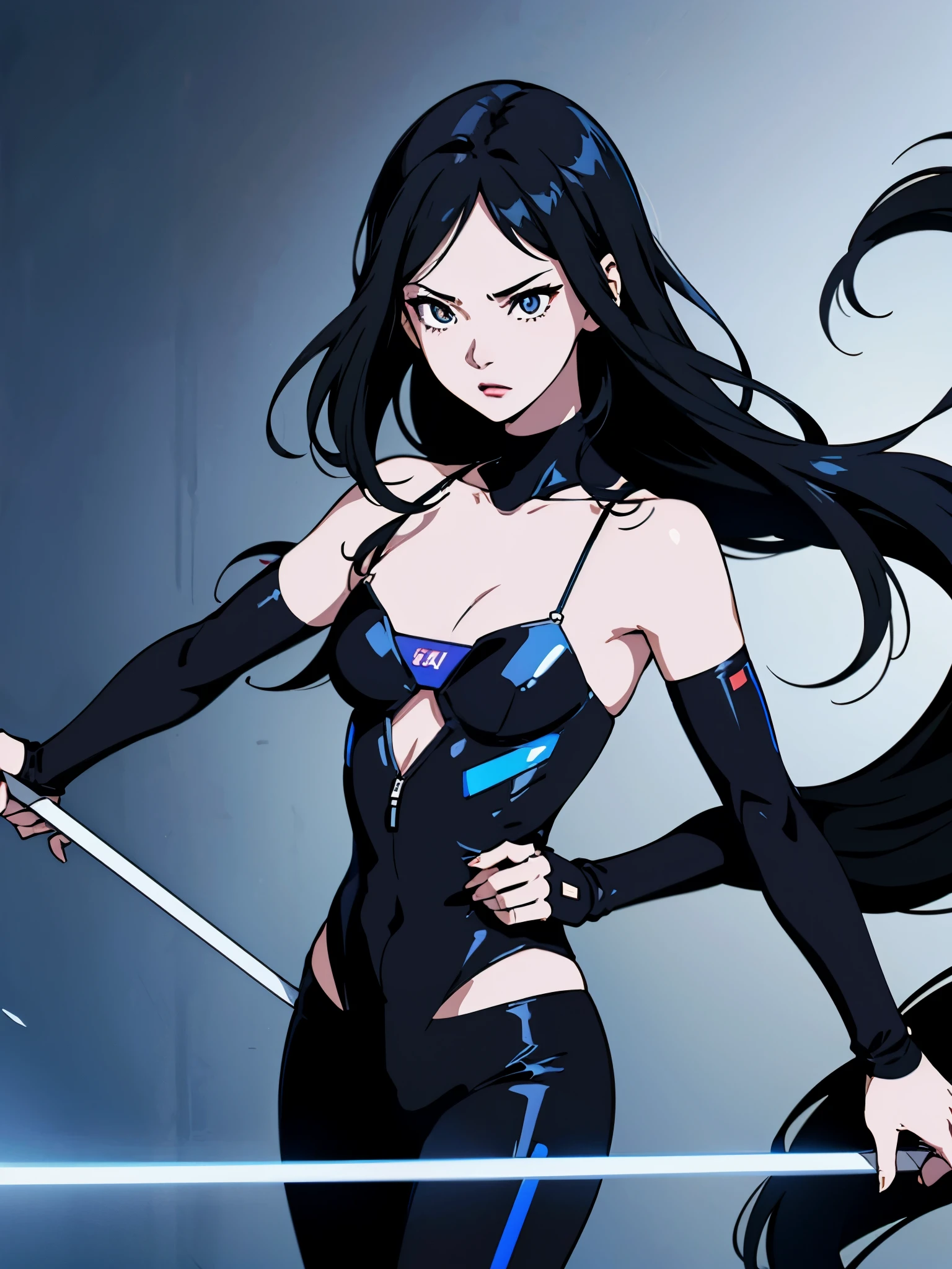 digital art drawing, illustration of (girl, long dark black hair mid part, brown eyes, sexy facial expression, flat chest, light blue corsette, single arm black sleeve, cyberpunk background), anime drawing/art, bold linework, illustration, digital art, masterpiece, flat illustration, no shadows, 8k resolution, high detail, vector art, only anime, perfect eyes, perfect hands, perfect fingers, sharpness, high clarity, medium close up, high fidelity