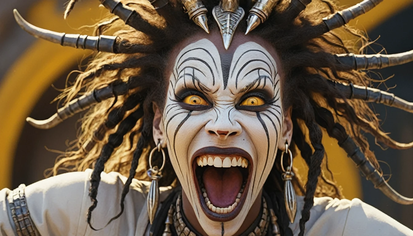 White Female Legba, maniacal laughter, yellow eyes wide open crazed look. Beautiful face.