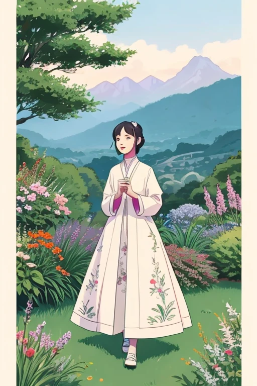 You are a genius at creating illustrations.
Please create an illustration using the following information.
#Size
- 1 sheet at 1920mm x 1080mm
- landscape
#Deliverable file format
- PNG
#Image of created illustration
- Ghibli style
- Background image of singing video on youtube
- Ghibli-style woman in Chinese clothing
- Flower garden
- Rough
- Between simple and complex
- Between monochromatic and colorful
- Between casual and formal daytime
- Between feminine and masculine