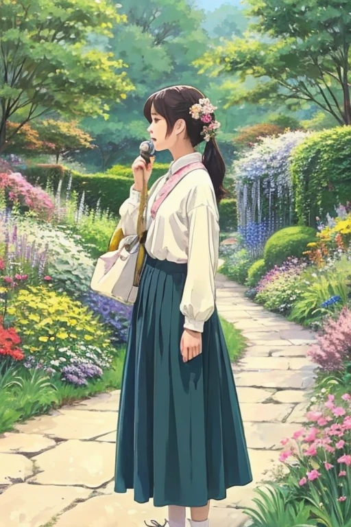 You are a genius at creating illustrations.
Please create an illustration using the following information.

#Size
- 1 sheet at 1920mm x 1080mm
- landscape

#Deliverable file format
- PNG

#Image of created illustration
- Ghibli style
- Background image of singing video on youtube
- Ghibli-style woman in Chinese clothing
- Flower garden
- Rough
- Between simple and complex
- Between monochromatic and colorful
- Between casual and formal daytime
- Between feminine and masculine
