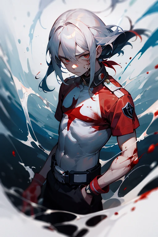 ((Gotas de sangue na imagem, film grain)) Just a boy, cabelo liso e cabelo curto, cabelo preto, pele branca, anime, boku no hero, farda escolar UA, hero, poderes de sangue, hematocinese, Indifferent expression, olhos pretos, anime boku no hero,