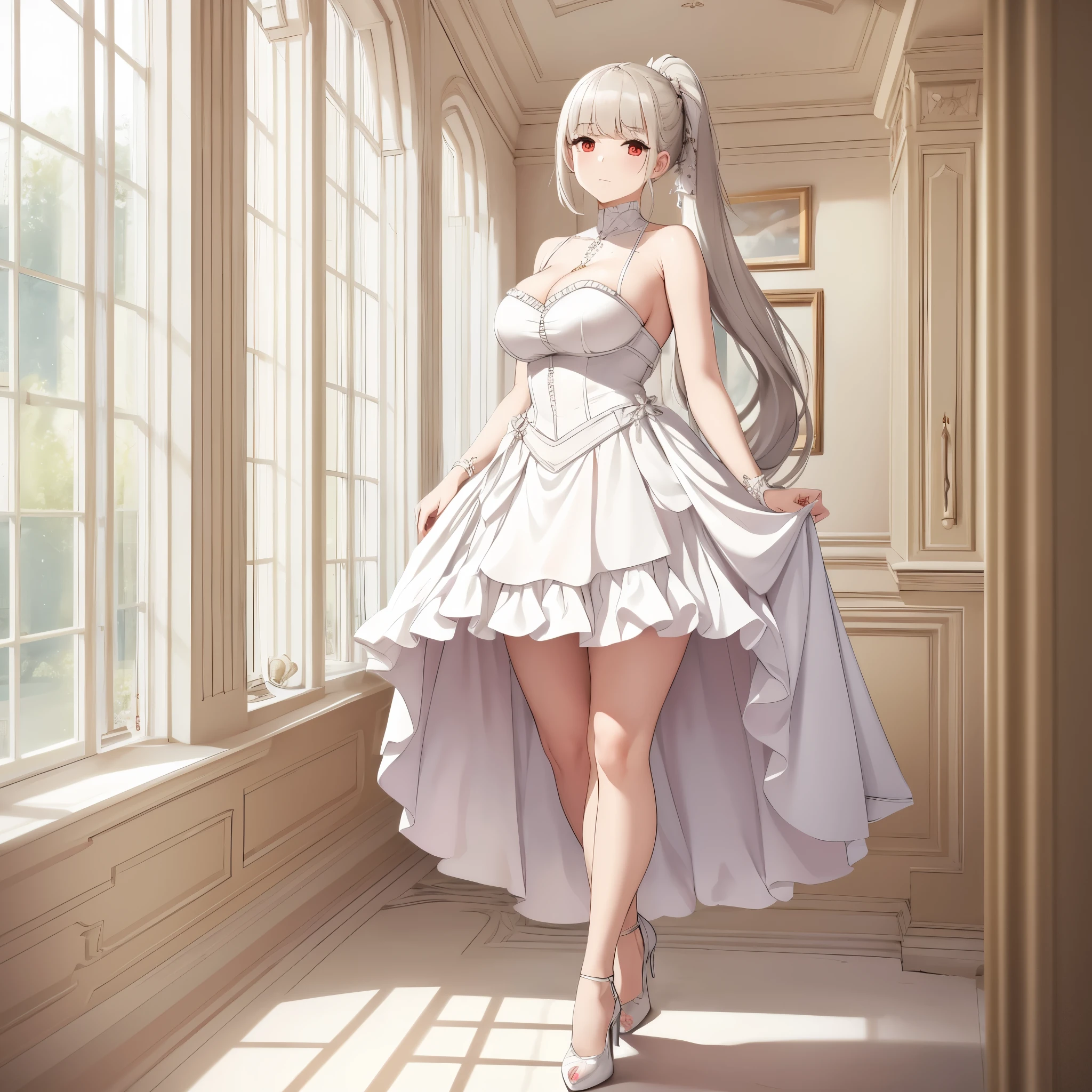 A woman wearing a sophisticated white dress, silver details on the dress, big breasts, exposed chest, white heels, long silver hair, ponytail hair, red eyes, kawaii face, walking in a luxurious room, maroom floor, white pillars, ceiling painted white, glass windows,full body, surrealism, projected shadow, anaglyph, stereogram, tachi -e, pov, atmospheric perspective, surrealism, flower, 8k, super detail, accurate, best quality, UHD, anatomically correct, textured skin, high quality, high resolution, best quality
