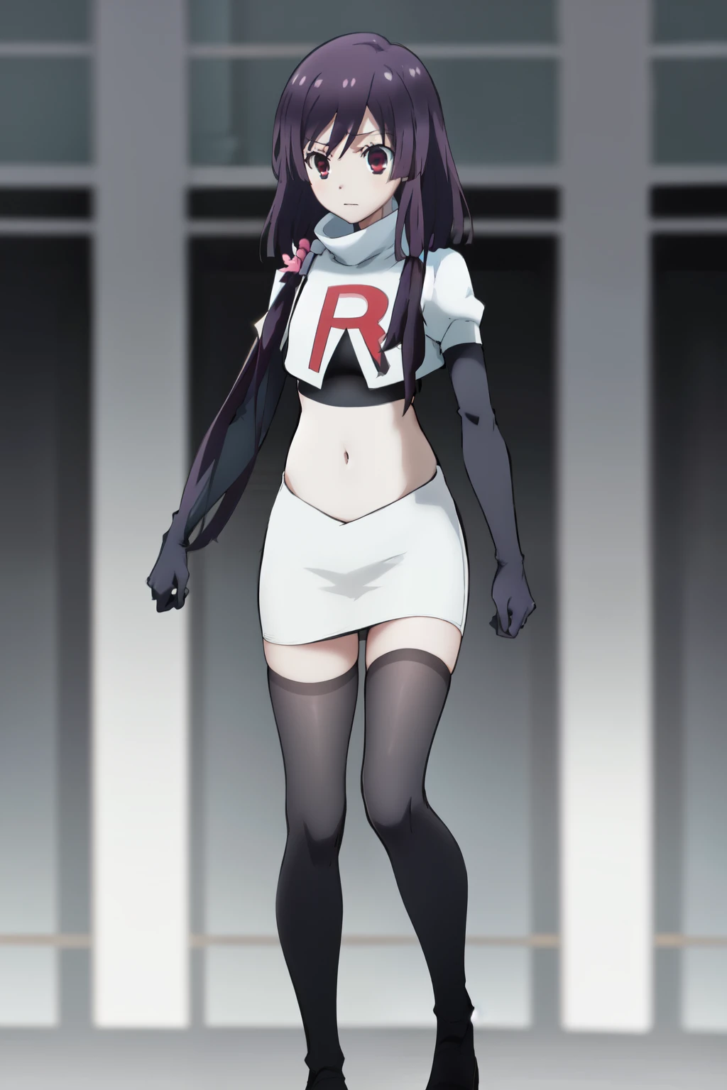 natsume, 1girl, crossdress-hairstyle, magic, highres, absurdres,team rocket,team rocket uniform,white skirt,red letter R,crop top,black thigh-highs,black elbow gloves