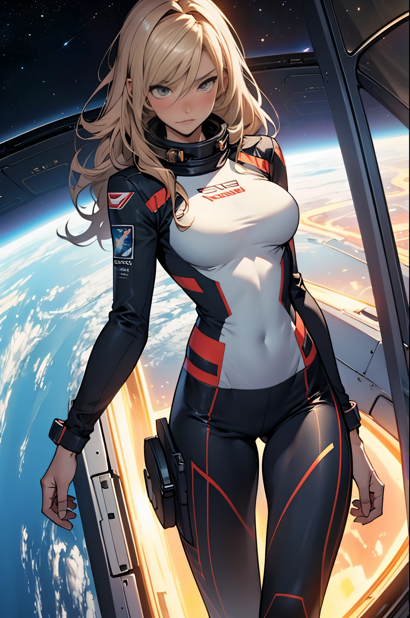 sandy hair fit body large breasts, slender thighs, slender waist, thin waist, pilot suit, solo looking at viewer in space long hair blushing determination
