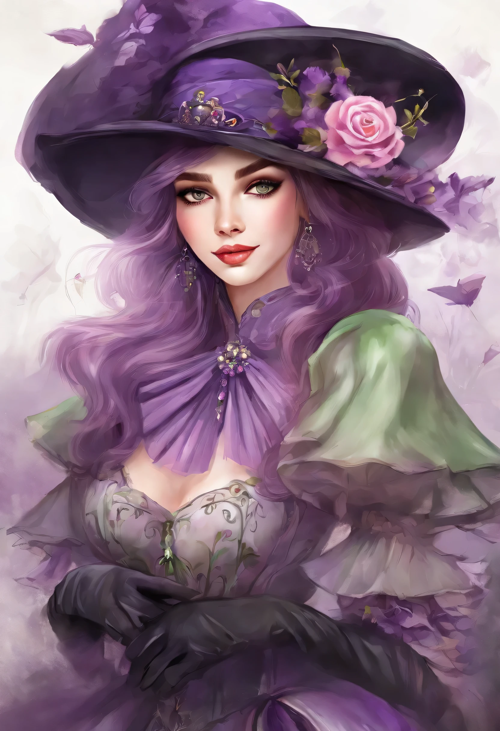 a beautiful girl, perfect face, arms at sides, masterpiece, ultra high res, high quality, 4k, upper body:1.5, lisa (genshin impact), urple witch hat, green eyes, brown hair, (PureErosFace_V1:0.008), (european:1.6), bangs, dress, rose, jewelry, witch, capelet, purple headwear, black gloves, purple flower, hair between eyes, purple rose, parted lips, purple capelet, hat flower, multicolored dress, hair ornament, windmill, from side,