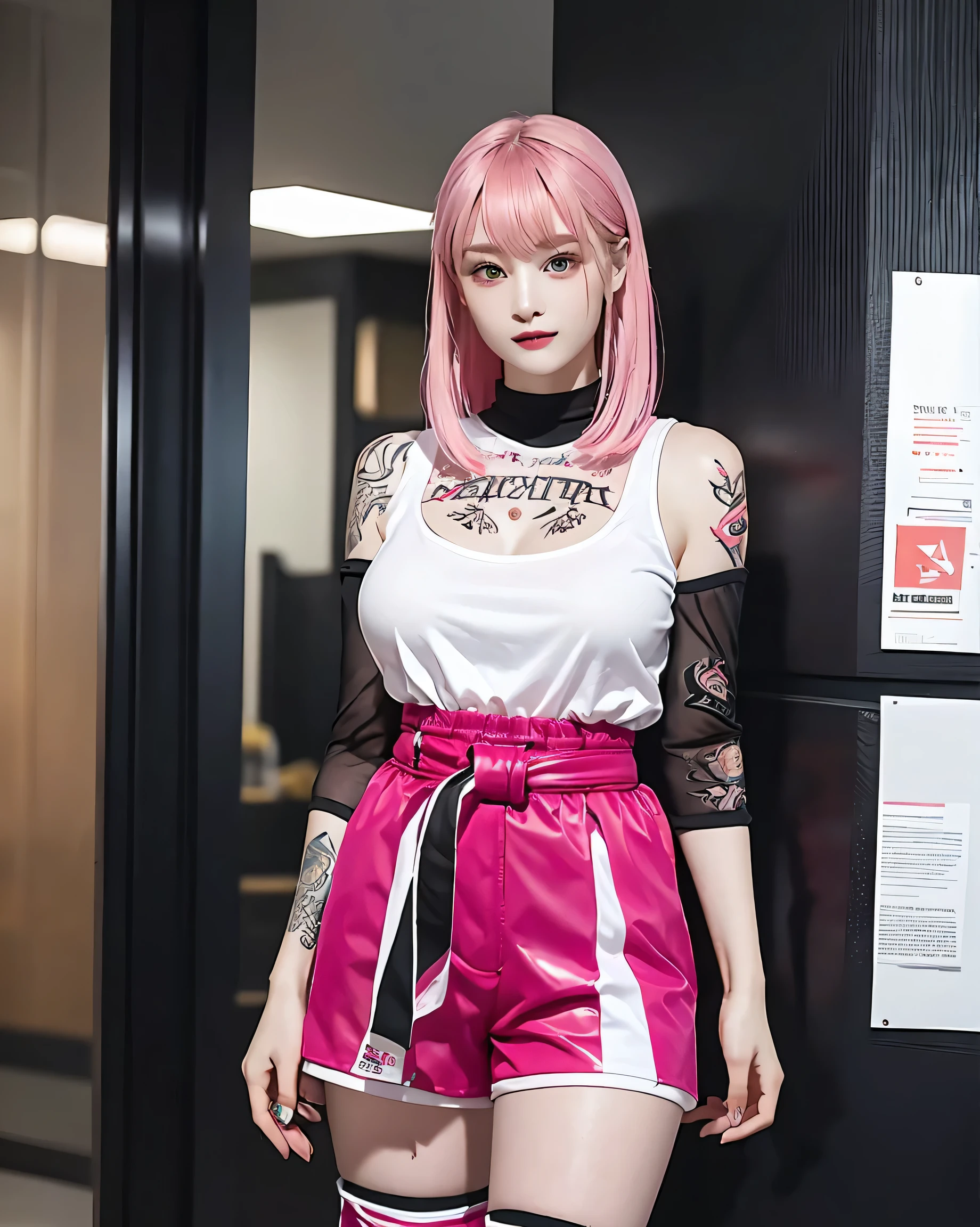 Perfect Style, Beautiful Face, Highly detailed face and skin texture, (Maximum resolution: 1.2), 1 female, alone, Hip Up, jewelry, (((He has many tattoos all over his body)), Streetwear, Play sports often, Pink Hair, Shorts, Sports boots, (((Tight waist))), ((Big Breasts))