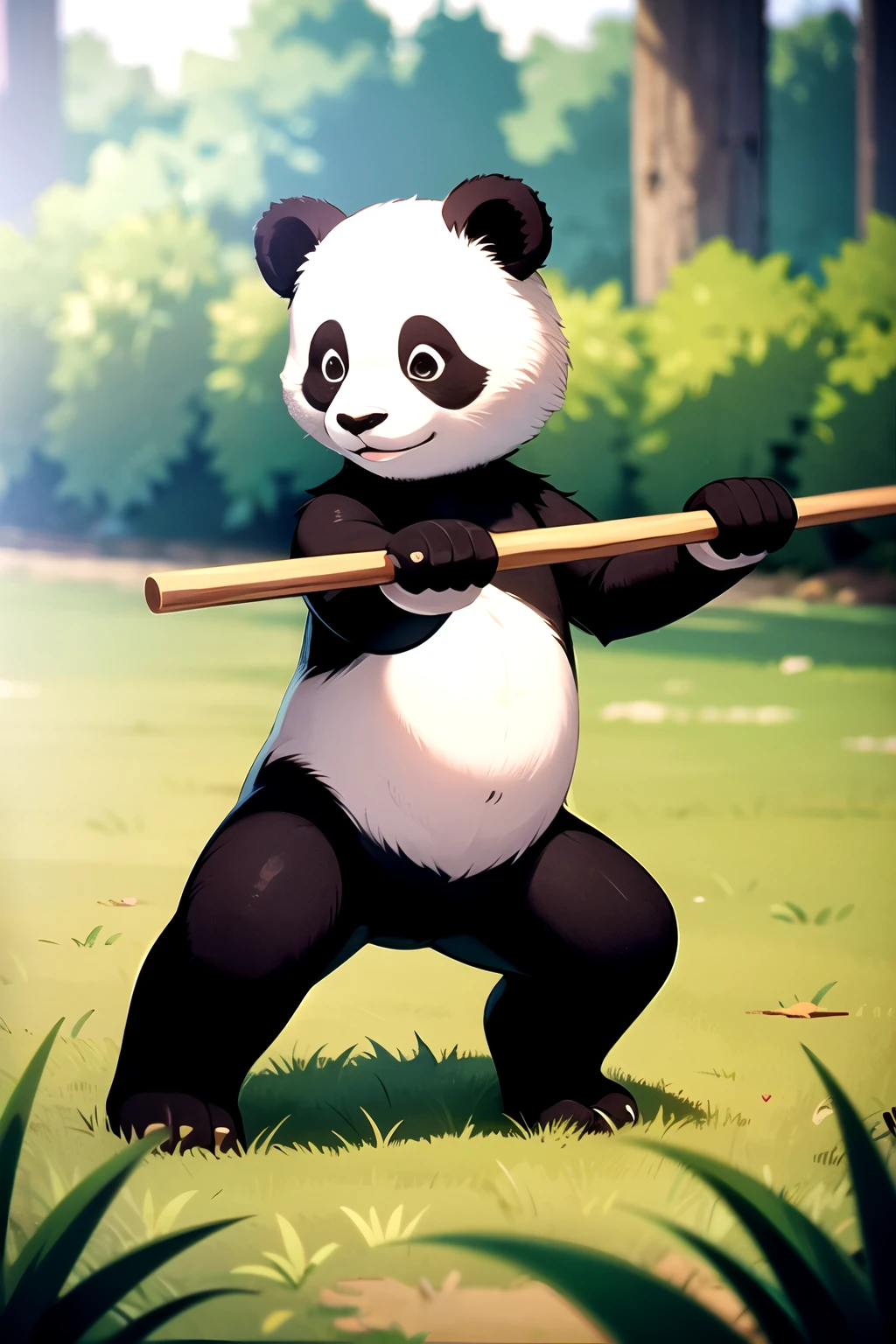 Cartoon panda practicing stick fighting