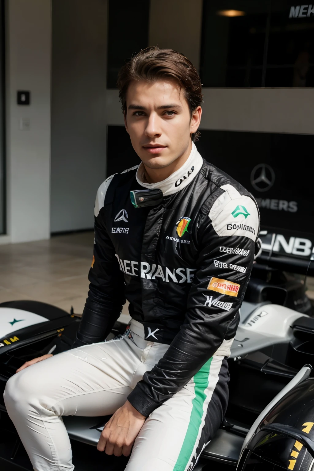 Colombian formula one driver of the Mercedes team with the number 44 who is a man with a black suit and green stripes