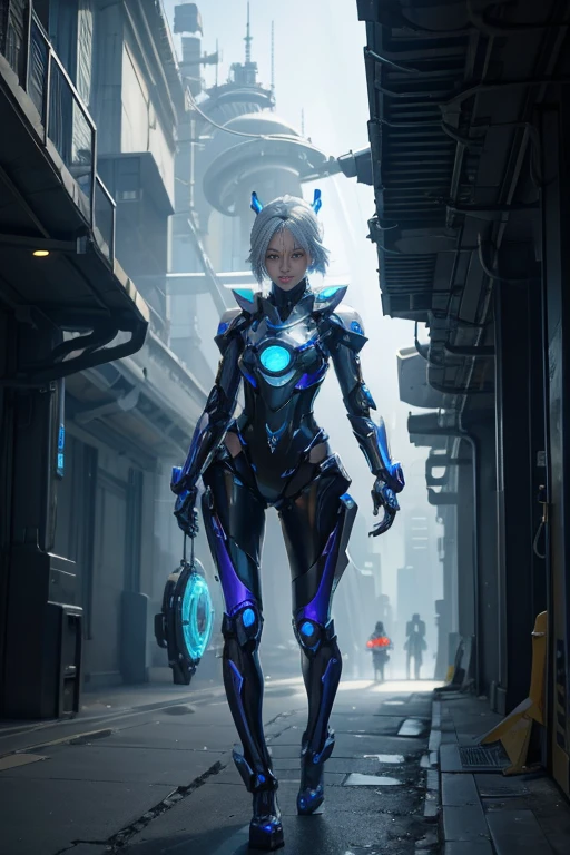 A translucent and mysterious mechanical girl, Futuristic Girl, Mechanical joint, Futuristic city background, Full Body Shot
