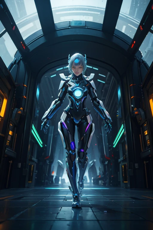 A translucent and mysterious mechanical girl, Futuristic Girl, Mechanical joint, Futuristic city background, Full Body Shot
