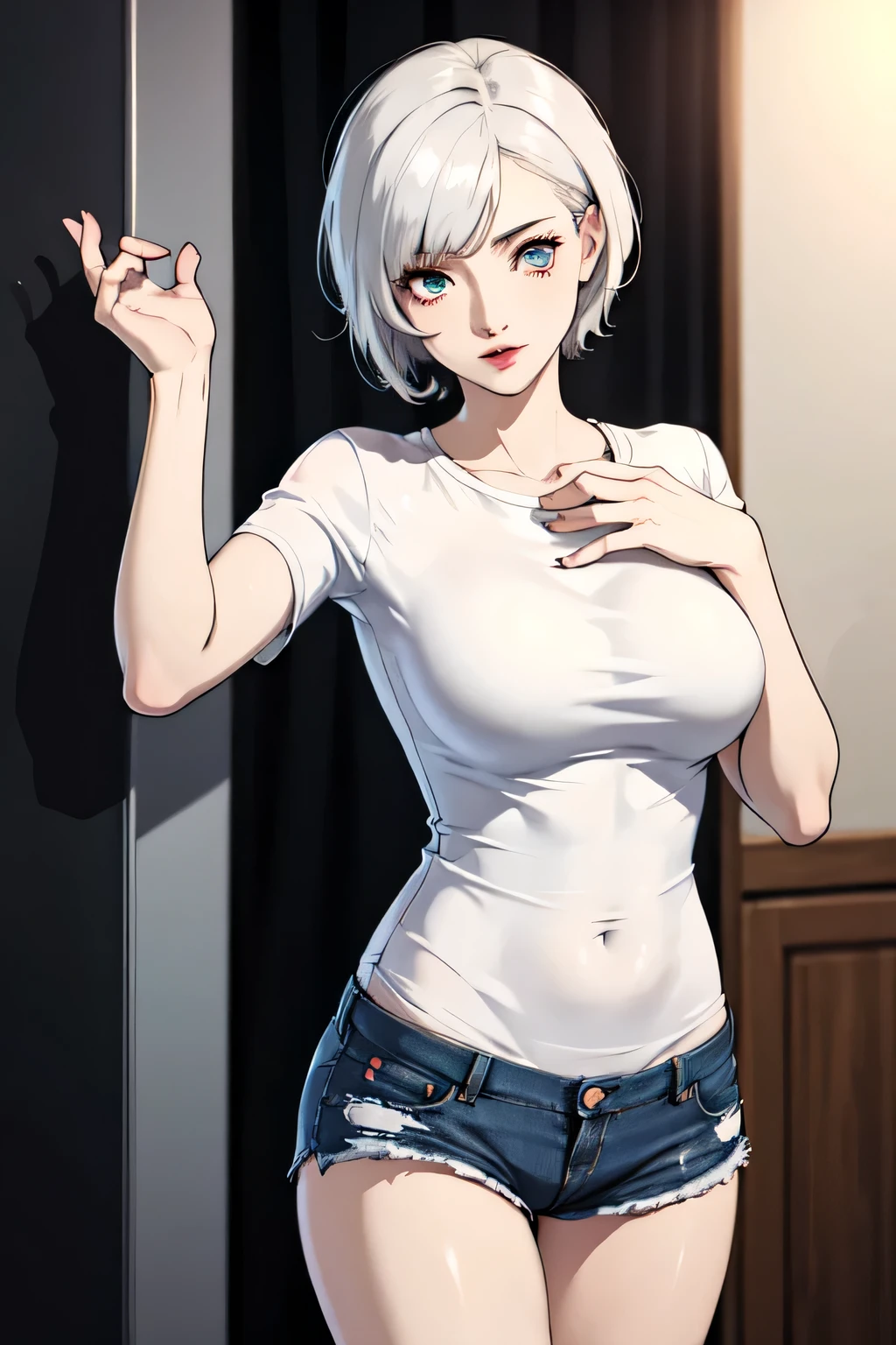 photorealistic, high resolution, 1 girl, white hair, korean, heterochromia eyes, small mole below eye, loose white shirt, tight jean shorts, large breast, large thighs, panty visible