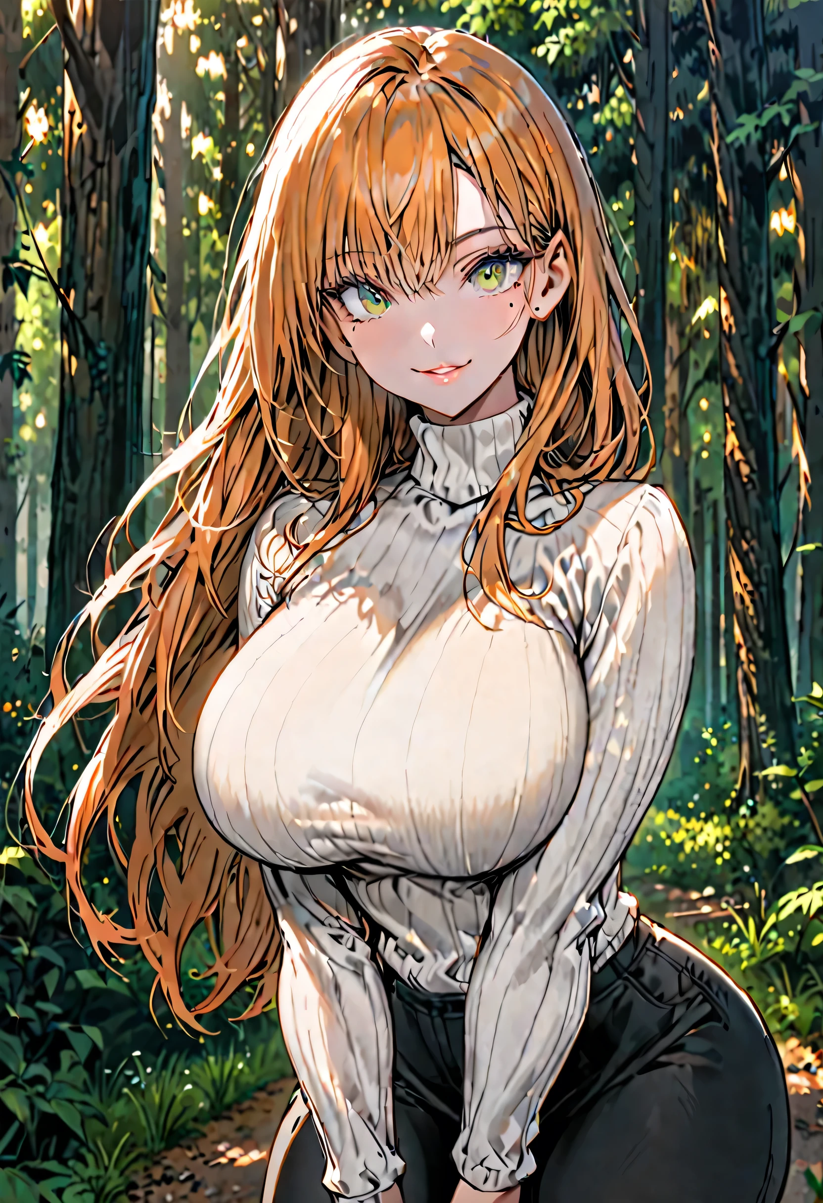 fit, strong, rugged, very large breasts, curvaceous, pretty face, mole under eye, green eyes, long orange hair, black pants, smile, friendly, white turtleneck sweater, forest