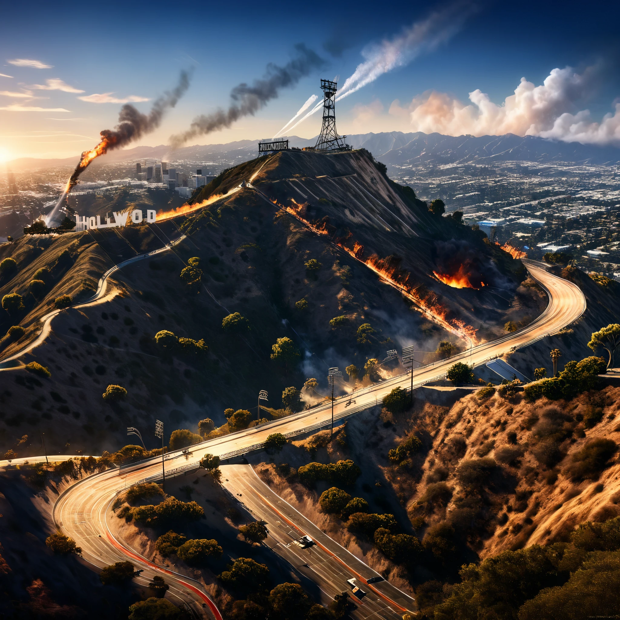 A hyper-realistic image capturing the intense moments of a massive earthquake striking Los Angeles, as iconic landmarks like the Hollywood sign teeter on the edge of collapse, symbols of the city's resilience now facing imminent destruction.
