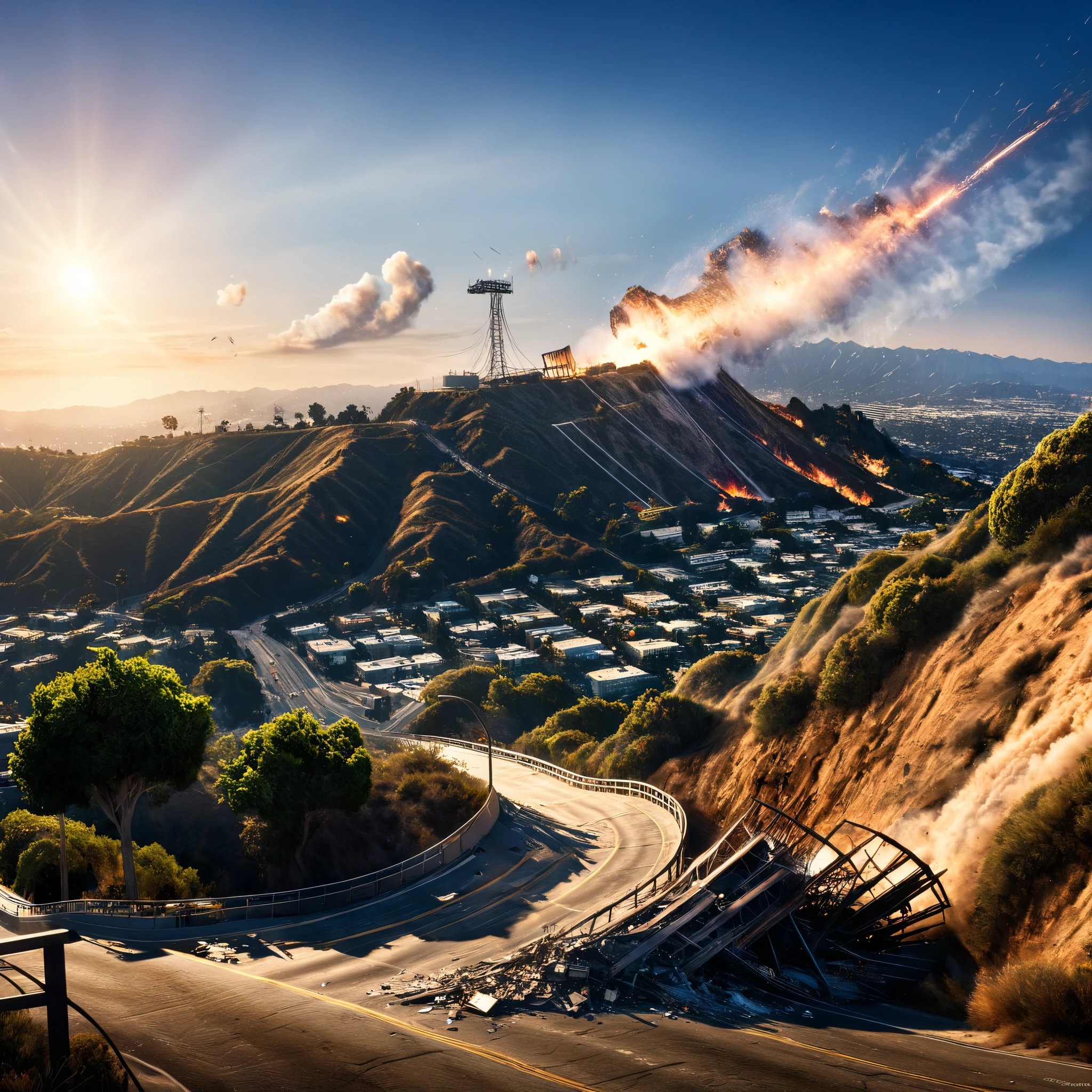 A hyper-realistic image capturing the intense moments of a massive earthquake striking Los Angeles, as iconic landmarks like the Hollywood sign teeter on the edge of collapse, symbols of the city's resilience now facing imminent destruction.
