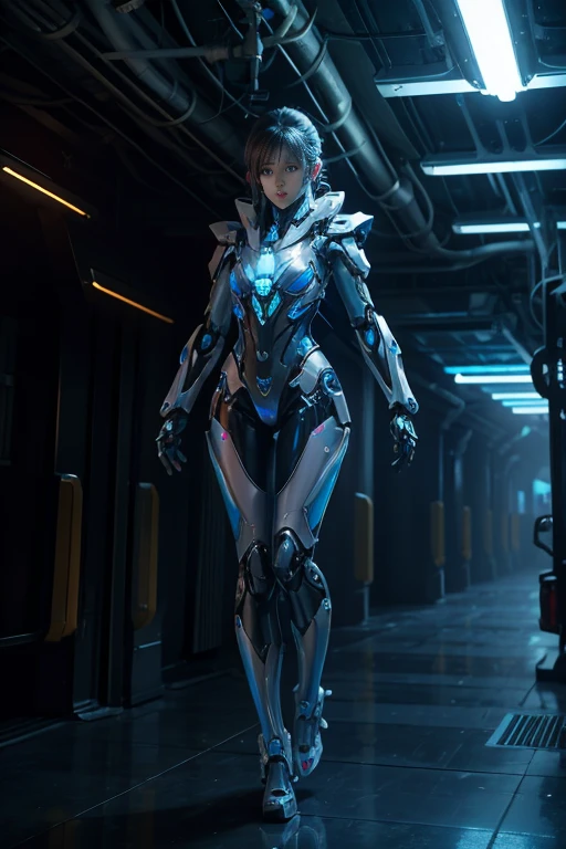 A translucent and mysterious mechanical girl, Futuristic Girl, Mechanical joint, Futuristic city background, Full Body Shot