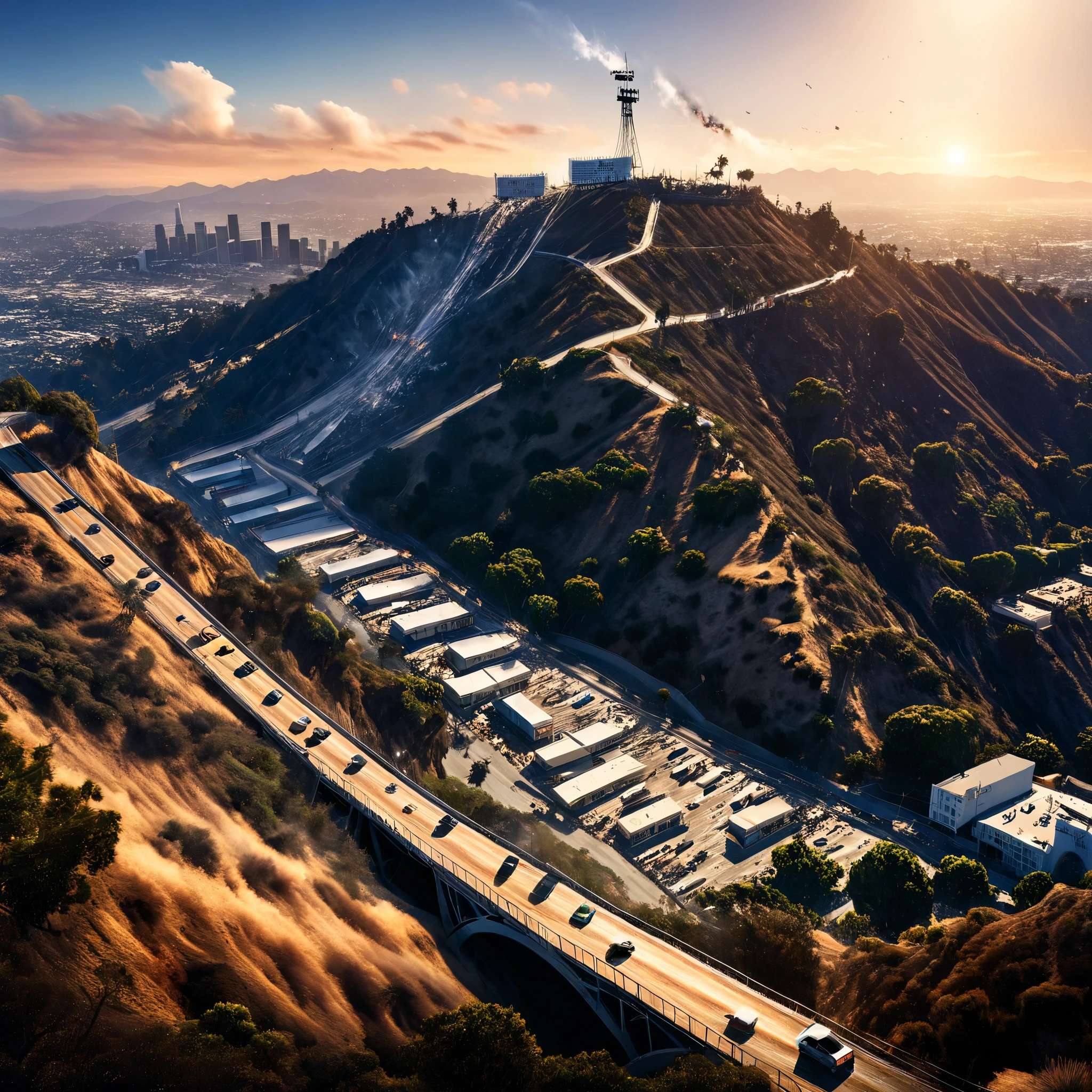 A hyper-realistic image capturing the intense moments of a massive earthquake striking Los Angeles, as iconic landmarks like the Hollywood sign teeter on the edge of collapse, symbols of the city's resilience now facing imminent destruction.
