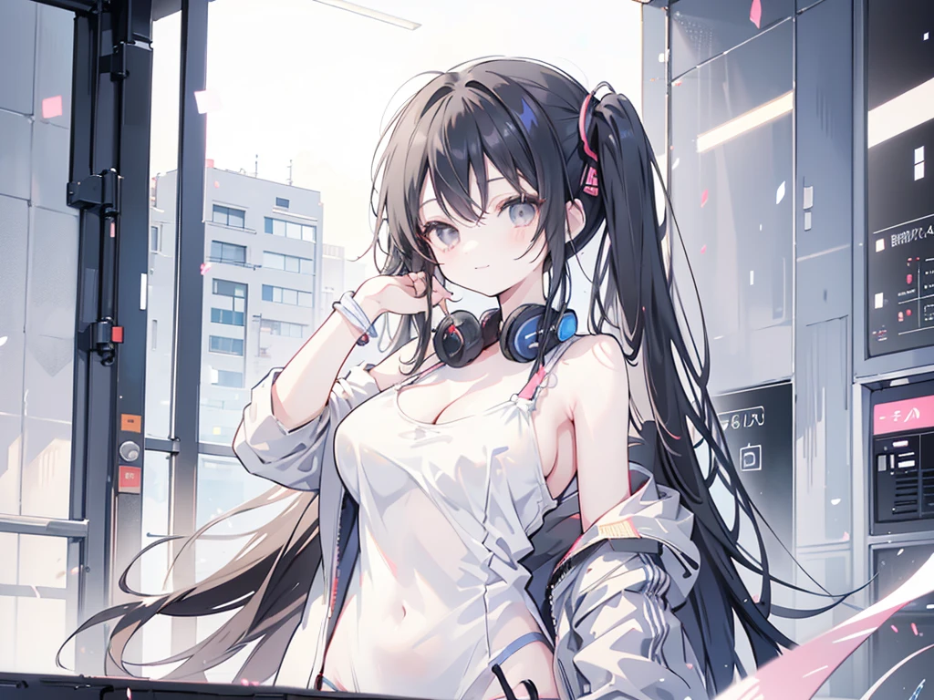 masterpiece,anime style,chibi,sexy girl,black hair,shoulder length hair with two pigtails,swimsuit,wearing headphones,smiling,big breasts,listening to music,waiting on the right side of the image,showing cleavage,full body,standing,black t-shirt,gray eyes,