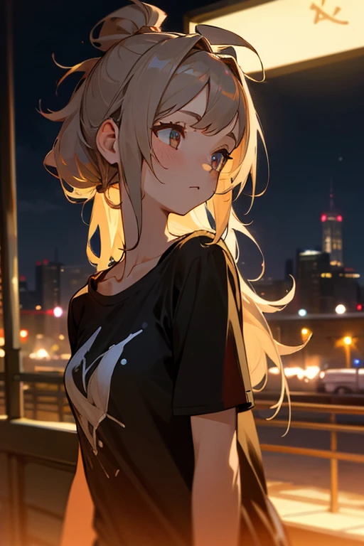 One Girl, Idol, close, clavicle, ,, photograph, movie, Written boundary depth, Skin Texture, T-Shirts, rubber band, Topknot, Long Hair, Messy Hair, City of night、