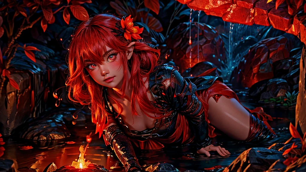A girl dousing a lava demon with water,lush garden,fiery red lava,beautiful detailed eyes,beautiful detailed lips,flowing water,sparkling droplets,magical shimmering effect, intense heat, dramatic contrast, highres, HDR, vibrant colors, fiery orange and red hues, ethereal lighting, fantasy theme