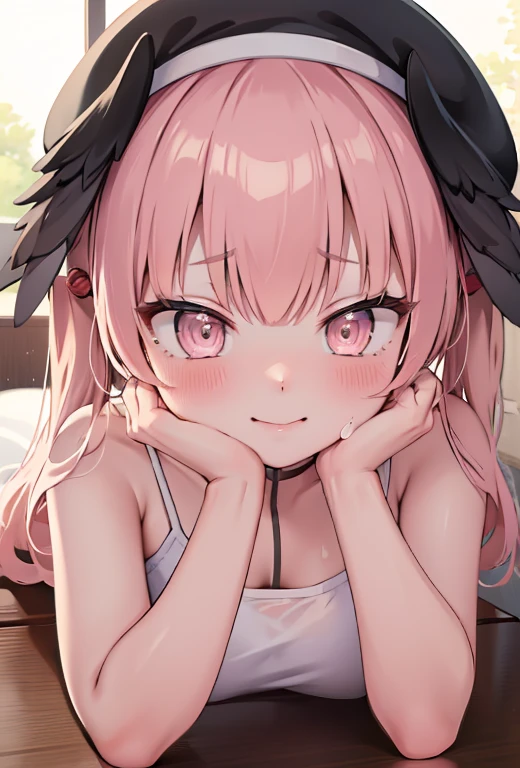 best quality,ultra detailed,extremely detailed and beautiful,perfect anatomy,perfect hands,School zone, from above,(8-year-old,child), (1 girl,solo),(hakui_koyori),(flat chest,small areola), animal ears,wolf tail,pink hair, (ahoge),crown braid,double bun, purple ey,es,(red school bag ),collared white shirt, frilled skirt, pink necktie , navel, sleeveless, black stocking, (black skirt),(half undressed:1.5),