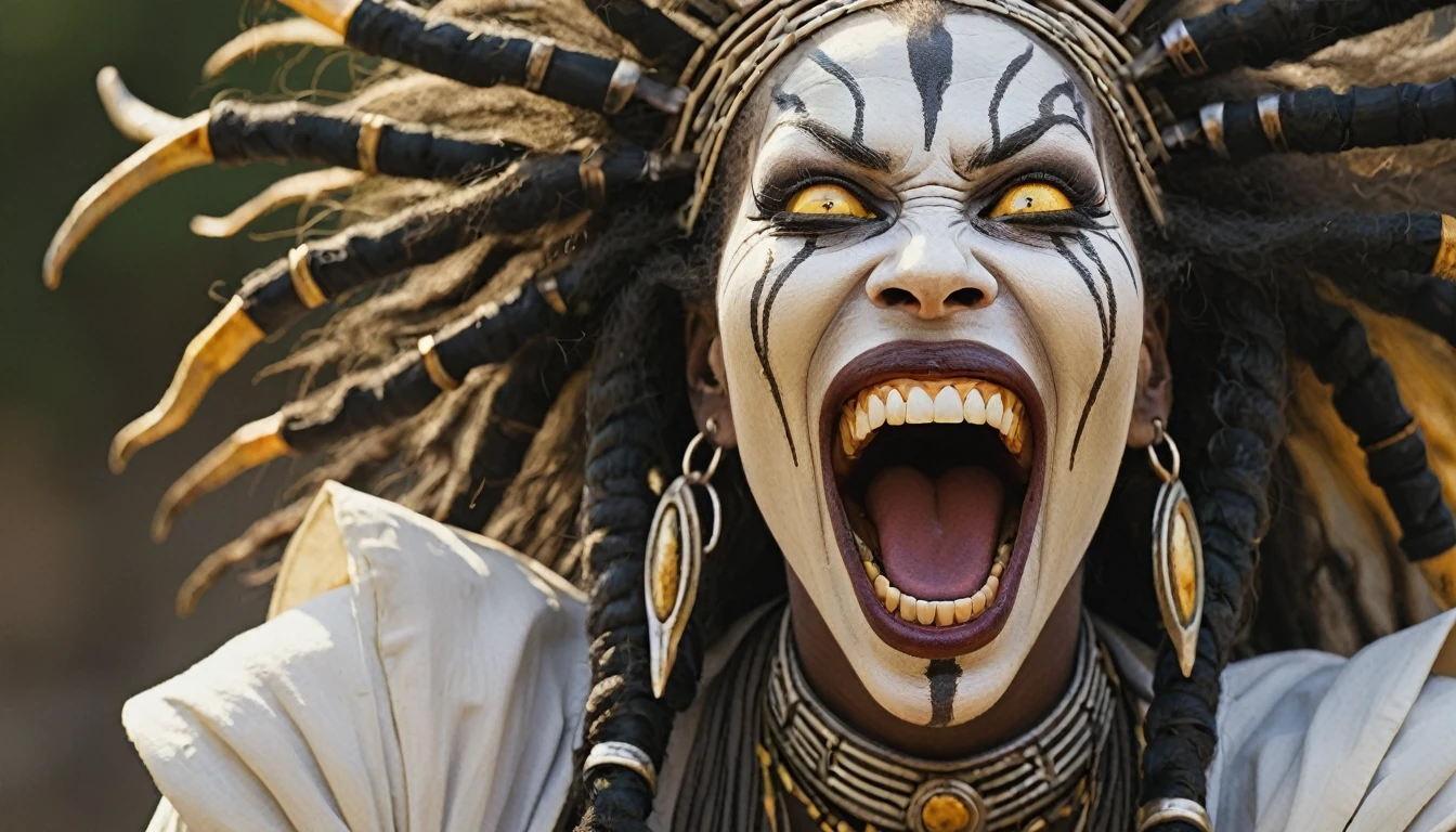 White Female Legba, maniacal laughter, yellow eyes wide open crazed look. Beautiful face.